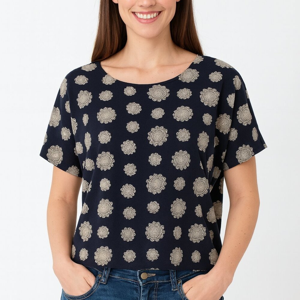 Annie Alexander Navy 100% Silk Medallion Print Short Sleeve Tie‎ Back Blouse M
